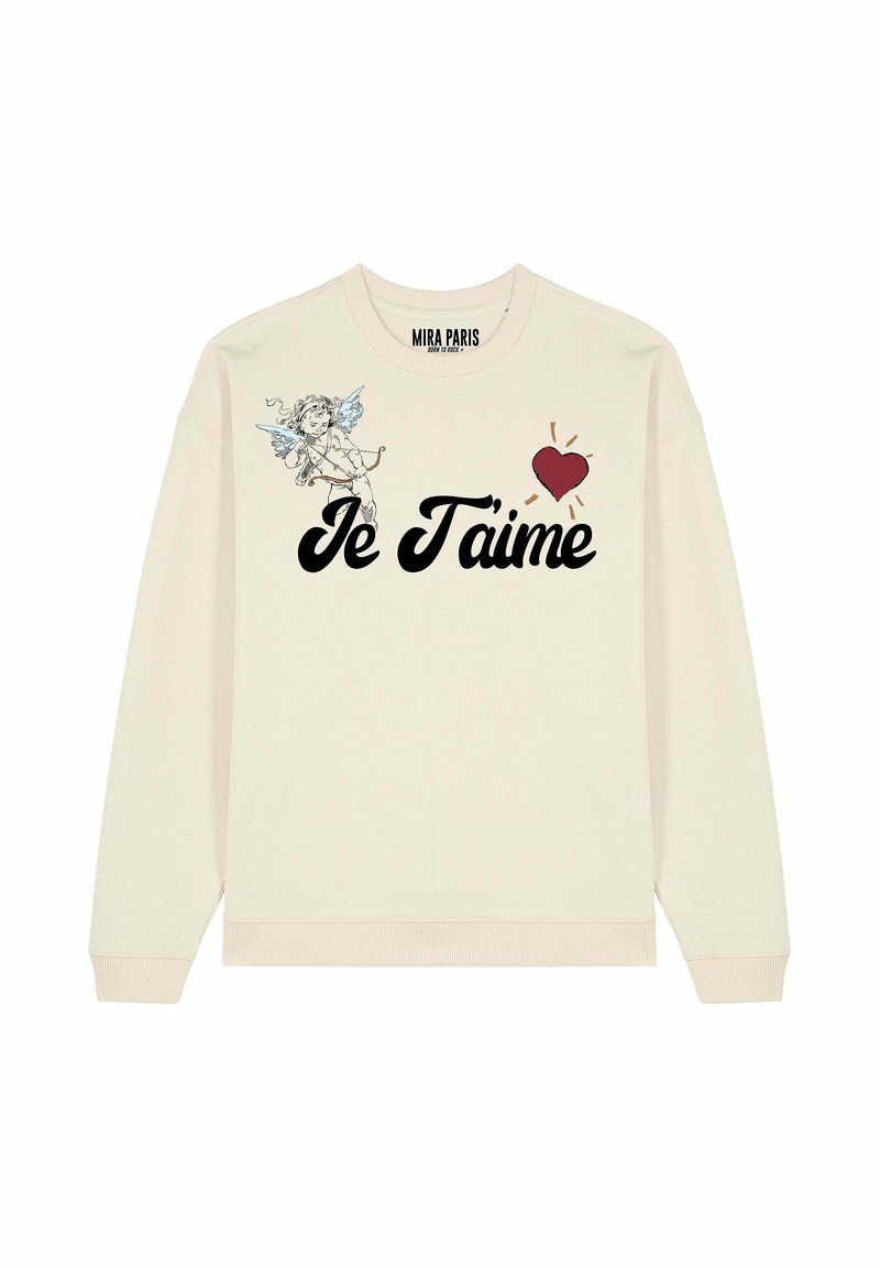 Felpa crema con la scritta "Je T'aime" in grassetto nero, accompagnata da un'illustrazione di un cupido e un design di cuore rosso sul lato sinistro.