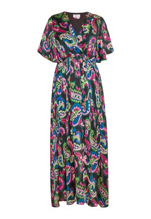 Maxi dress in lightweight fabric, featuring a vibrant floral pattern in pink, green, and blue on a black background. V-neck and short sleeves.