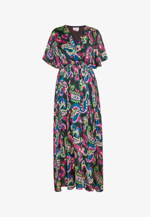 Kergest kangast maksimekk, mis on kaunistatud ereda lillemustriga roosa, rohelise ja sinise värviga mustal taustal. V-kaelus ja lühikesed varrukad.