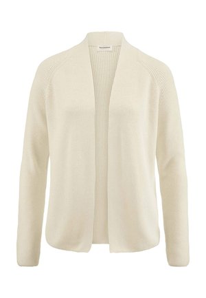 Cremefarbener, offener Strickcardigan mit langen Ärmeln und geripptem Kragen sowie innerem Rückenteil.