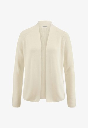 Cremefarbener, offener Strickcardigan mit langen Ärmeln und geripptem Kragen sowie innerem Rückenteil.