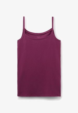Burgundy tank top with thin straps, made of smooth fabric. Features a round neckline and a straight cut with a clean hem.