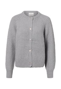 Lichtgrijze gebreide cardigan met lange mouwen en zes knopen aan de voorkant, met een geribde ronde halslijn en een gestructureerd patroon.