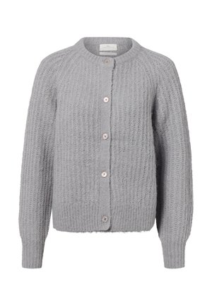 Helle graue Strickjacke mit langen Ärmeln und sechs vorderen Knöpfen, ausgestattet mit einem gerippten Rundhalsausschnitt und strukturiertem Muster.