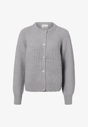 Lichtgrijze gebreide cardigan met lange mouwen en zes knopen aan de voorkant, met een geribde ronde halslijn en een gestructureerd patroon.