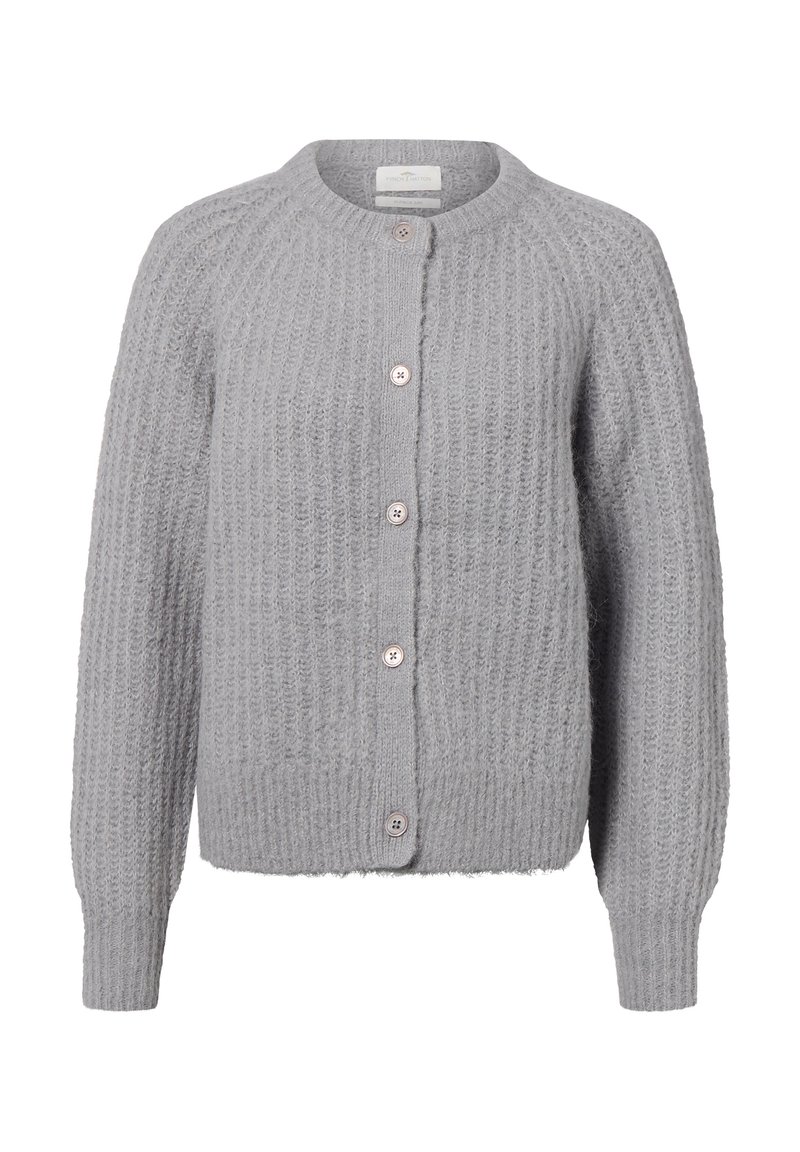 Lichtgrijze gebreide cardigan met lange mouwen en zes knopen aan de voorkant, met een geribde ronde halslijn en een gestructureerd patroon.