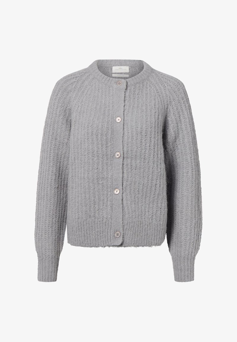 Lichtgrijze gebreide cardigan met lange mouwen en zes knopen aan de voorkant, met een geribde ronde halslijn en een gestructureerd patroon.