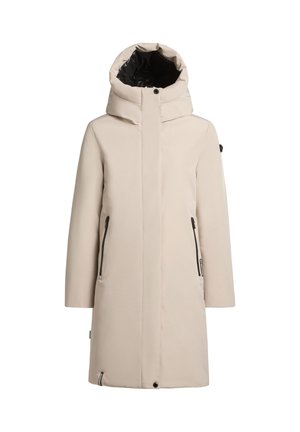 Parka isolée beige avec un col haut, doublure intérieure noire, deux poches latérales zippées et un design minimaliste. Texture lisse et silhouette droite.