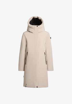 Beige isolierte Parka mit hohem Kragen, schwarzem Innenfutter, zwei seitlichen Reißverschlusstaschen und minimalistischem Design. Glatte Textur und gerade Silhouette.