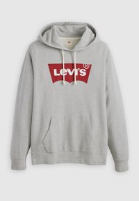 Grijze hoodie met een groot rood Levi's logo, trekkoordcapuchon, voorkantzak en geribde manchetten. Gemaakt van zachte, gestructureerde stof.