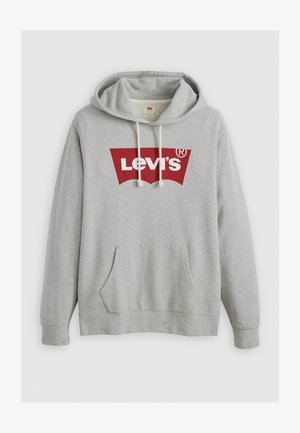 Grå hættetrøje med et stort rødt Levi's-logo, snoretræk i huen, frontlomme og ribbede manchetter. Lavet af blødt, struktureret stof.