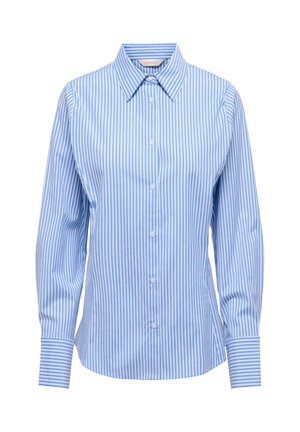 Damenbluse mit blauen und weißen vertikalen Streifen, Knopfleiste, langen Ärmeln, spitzem Kragen und geknöpften Manschetten.