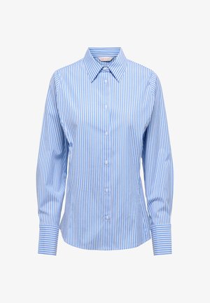 Women’s blue and white vertically striped button-up shirt with long sleeves, pointed collar, and buttoned cuffs.