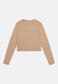 Beige kort genser med lange ermer. Laget av mykt materiale, med rund halslinning og subtil ribbestrikk detaljering ved ermer og falden.
