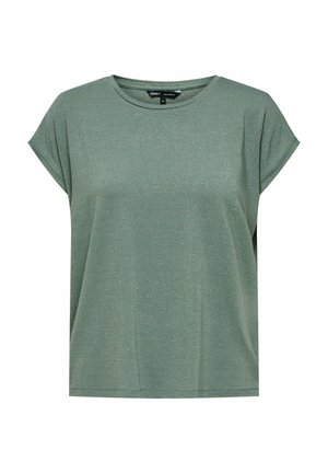 Groene t-shirt met korte mouwen, gemaakt van een gestructureerde stof met een subtiele glans. Heeft een ronde halslijn en een losse pasvorm.