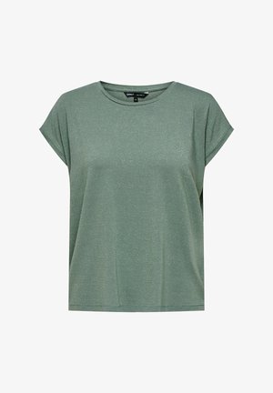 Zöld, rövid ujjú póló, texturált anyagból, finom fénylással. Kerek nyakkivágással és laza szabással rendelkezik.