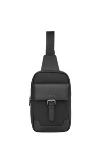 Czarna torba na ramię z nylonu o teksturowanej powierzchni, regulowanym pasku, przedniej kieszeni z klapą oraz głównym zapięciem na zamek błyskawiczny. Minimalistyczny design.