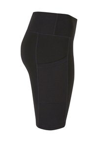 Leggings atléticos negros con cintura alta, con detalles de costura y un bolsillo lateral. Hechos de una tela suave y elástica.