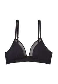 Soutien-gorge triangulaire noir avec de fines bretelles réglables, bonnets doux rembourrés et détails en mesh sur les côtés. Texture de tissu lisse dans l'ensemble.