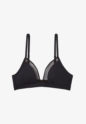 Soutien-gorge triangulaire noir avec de fines bretelles réglables, bonnets doux rembourrés et détails en mesh sur les côtés. Texture de tissu lisse dans l'ensemble.