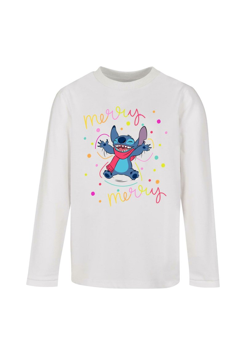 Witte langmouwen shirt met een blauw tekenfilmfiguur, "Merry Merry" tekst in roze en geel, met kleurrijke stippen rond het ontwerp.