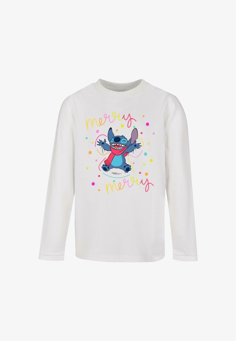 White long-sleeve shirt featuring a blue cartoon character, "Merry Merry" text in pink and yellow, with colorful dots around the design.