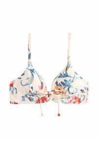 Kremowy stanik bikini w kwiaty, z niebieskimi i czerwonymi motywami. Projekt zawiera regulowane ramiączka oraz szczegół związywania z przodu. Gładka tekstura.