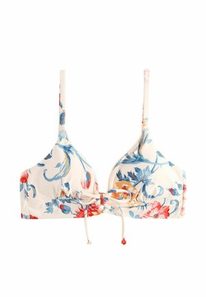 Bloemrijke bikini-top in crème, met blauwe en rode bloemen. Het ontwerp heeft verstelbare bandjes en een voorste knoopdetail. Glad textiel.