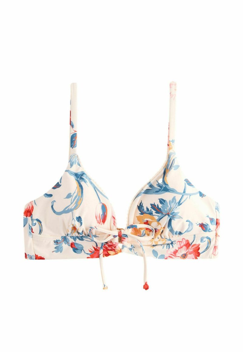 Kremowy stanik bikini w kwiaty, z niebieskimi i czerwonymi motywami. Projekt zawiera regulowane ramiączka oraz szczegół związywania z przodu. Gładka tekstura.