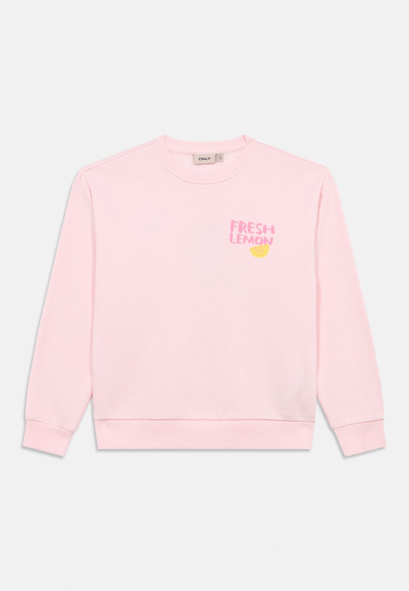 Różowa bluza wykonana z miękkiego materiału, z okrągłym dekoltem i długimi rękawami. Na piersi znajduje się logo z napisem "FRESH LEMON".