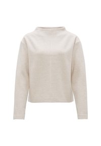 Heller beigefarbener Pullover mit hohem Kragen, langen Ärmeln und lockerer Passform. Hergestellt aus weichem Stoff und mit einer zentralen Nahtdetail.