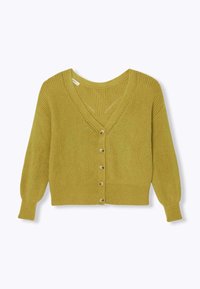 Cardigan en tricot vert moutarde avec un décolleté en V profond, six boutons sur le devant et des manches bouffantes, présentant un motif côtelé texturé.