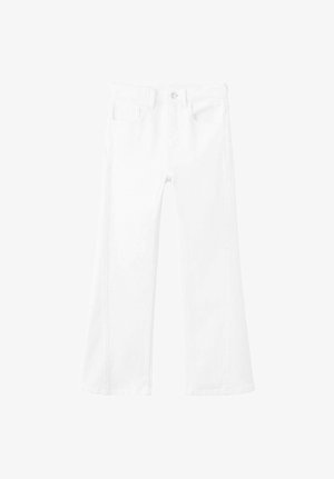 Witte spijkerbroek met wijde pijpen in denim, met een klassiek ontwerp van vijf zakken, voorzien van een knoopsluiting en zichtbare stiknaden langs de naden.