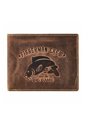 Bruine lederen portemonnee met gestikte randen, geperst met een visafbeelding en de tekst "Fisherman Crew" en "Enter the Big Game."