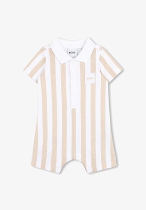 Tutina per bebé a righe verticali beige e bianche con maniche corte, colletto bianco, patta con bottoni e toppa con il logo "BOSS" sul petto.