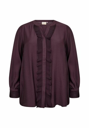 Dunkellila Bluse mit rundem Halsausschnitt und langen Ärmeln, ausgestattet mit einem Vorderpanel aus vertikalen Falten und Knopfmanschetten. Glattes Material.