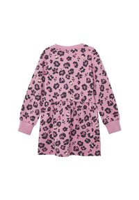 Rosa langärmliges Kleid mit schwarzem und dunkelrosa floralem Leopardenmuster, gerippten Bündchen und gerafftem Taillenteil.
