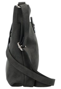 Schwarze Stoff-Schultertasche mit strukturiertem Oberflächen, schlanker Silhouette, verstellbarem Riemen und silberfarbenen Akzenten.