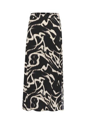 Jupe évasée en tissu léger, avec un motif abstrait noir et crème, présentant une texture douce et fluide ainsi que des fentes sur les côtés.