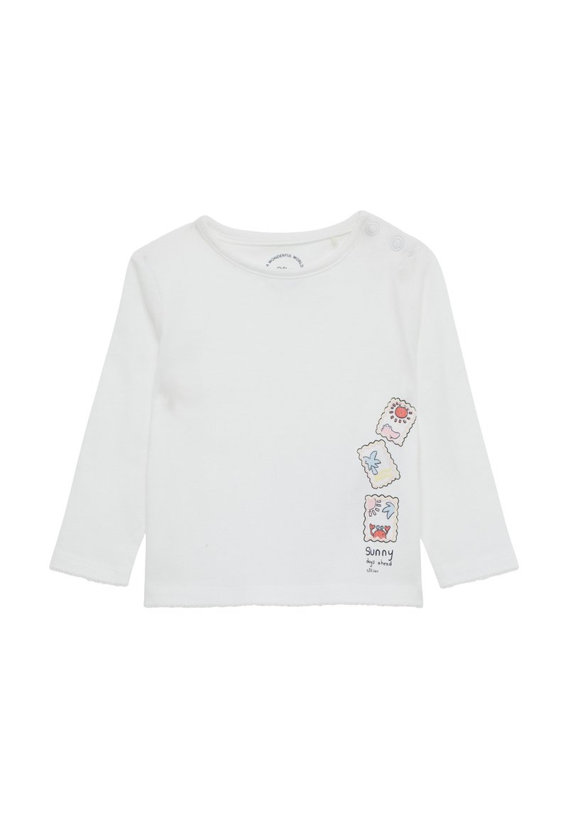 Witte lange mouwen shirt van zacht katoen, met speelse geborduurde ontwerpen van kleurrijke wezens aan de zijkant. Inclusief drukknopen voor sluiting.