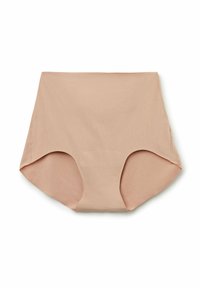 Hoge taille, lichtbeige ondergoed gemaakt van zacht materiaal, met gladde randen en een ontwerp met volledige bedekking met een naadloze afwerking.