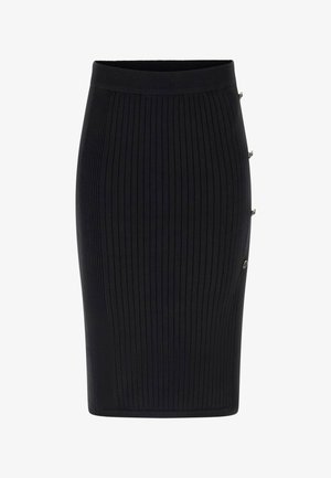 Gonna a matita nera in maglia rigata con vita alta e bottoni decorativi sul lato destro.