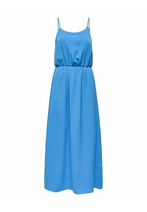 Rochie albastră fără mâneci, cu talie strânsă și o fustă fluidă, de lungime până la gleznă, realizată dintr-un material ușor.