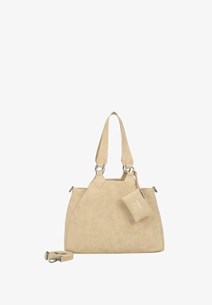 Beige synthetische schoudertas met dubbele schouderbanden, zilveren hardware en een afneembare pouch. Gladde textuur en hoekige vorm.