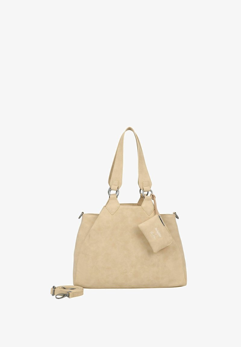 Borsa a tracolla sintetica beige con doppi manici, accessori in metallo argentato e una pochette staccabile. Texture liscia e forma angolare.