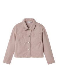 Hellrosa Cordjacke mit Kragen, vier vorderen Knöpfen, langen Ärmeln und zwei Brusttaschen.