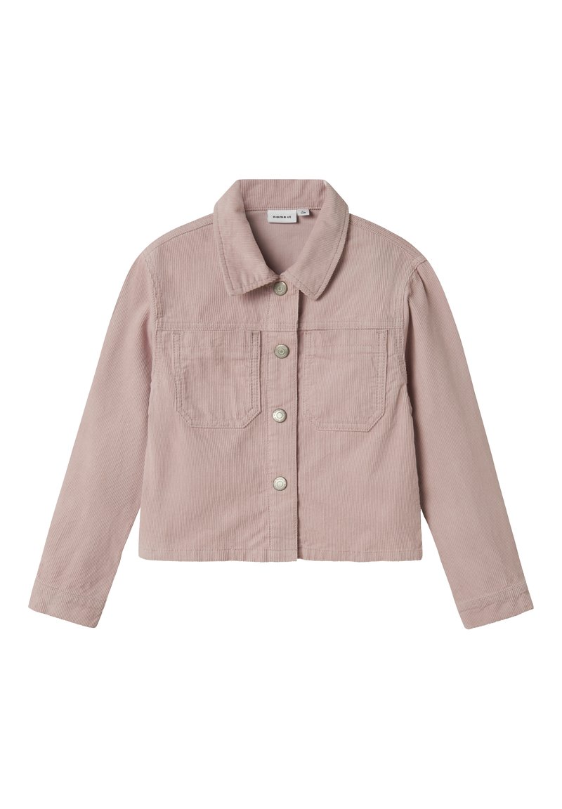 Hellrosa Cordjacke mit Kragen, vier vorderen Knöpfen, langen Ärmeln und zwei Brusttaschen.