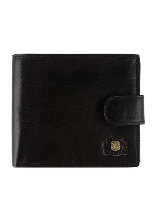 Portefeuille en cuir noir avec une finition texturée, doté d'une fermeture à pression et d'un logo doré embossé sur le devant. Forme rectangulaire.