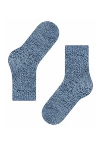 Chaussettes en tricot bleu avec un motif texturé, dotées de bords et de talons renforcés, mettant en avant un design en tissu chiné.