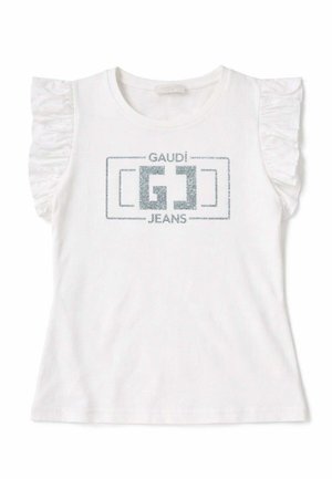 Top bianco senza maniche per ragazza con spalle arricciate e logo glitterato "GAUDÍ JEANS" centrato sul petto.